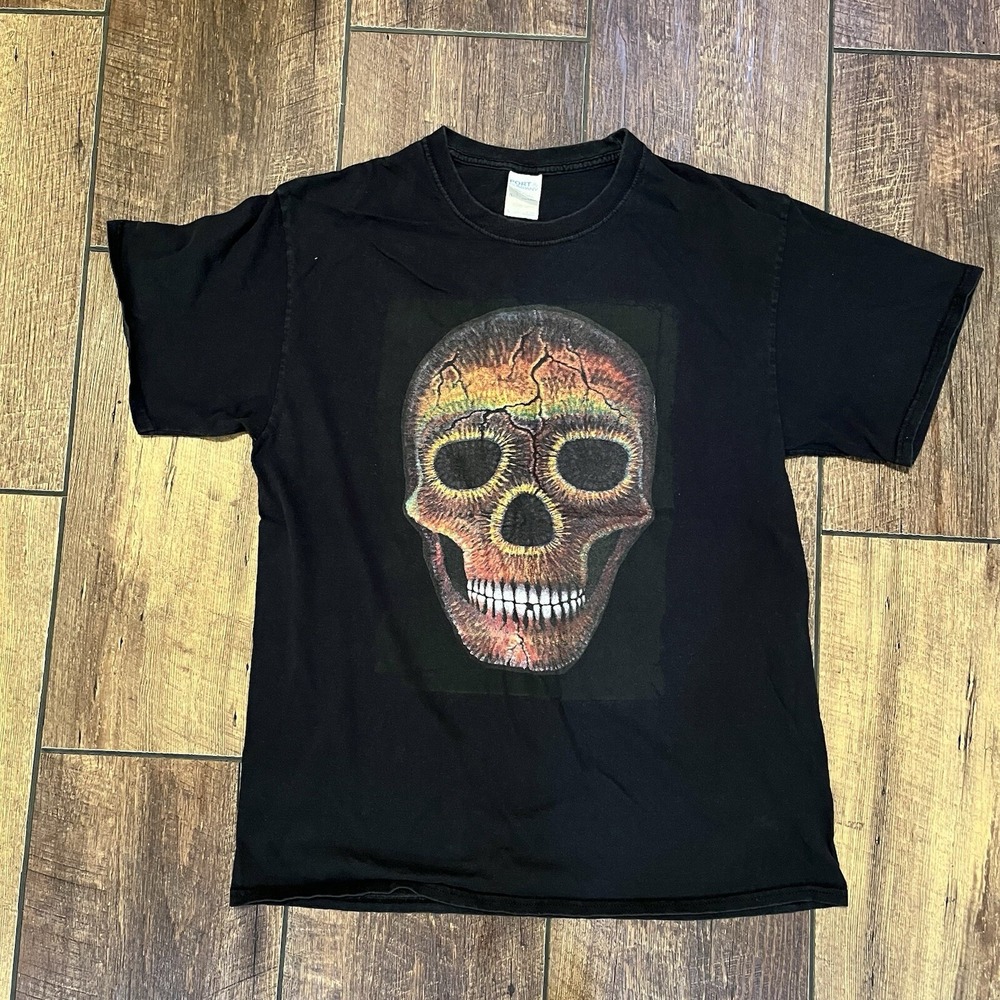 Vtg Skull T-Shirt Mens L Psychedelic Funky 90s Style Neon Skater Black Cotton